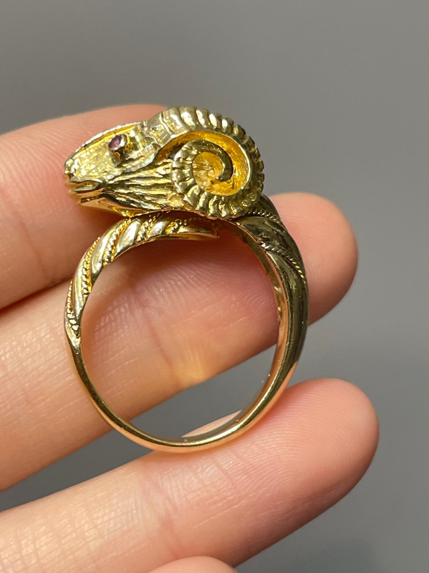 Vintage 18K Two-Tone Gold Diamond Ruby Ram Ring