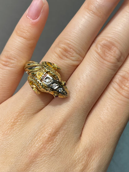 Vintage 18K Two-Tone Gold Diamond Ruby Ram Ring