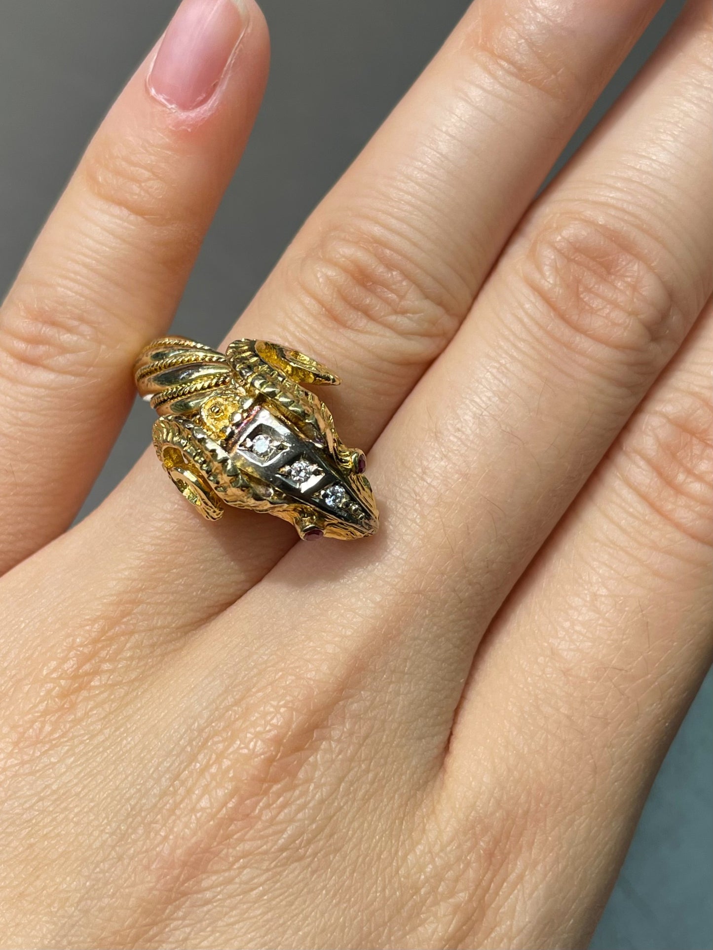 Vintage 18K Two-Tone Gold Diamond Ruby Ram Ring