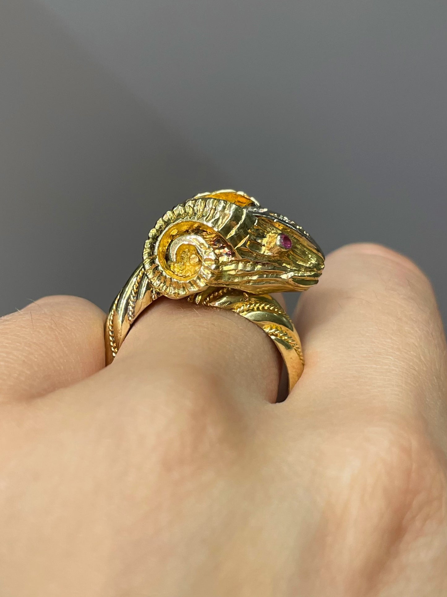 Vintage 18K Two-Tone Gold Diamond Ruby Ram Ring