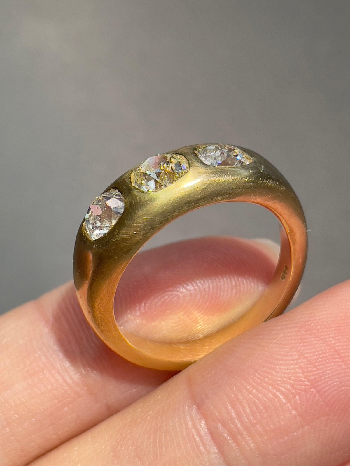 14K Gold 1.44 CTW Old Mine Cut Diamond Three Stone Gypsy Ring