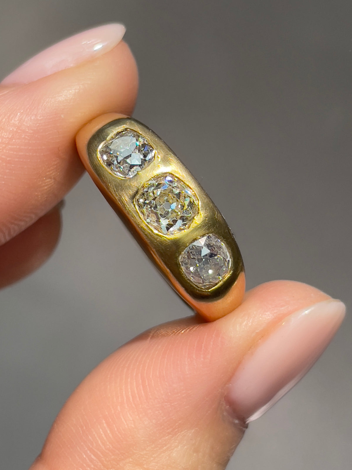 14K Gold 1.44 CTW Old Mine Cut Diamond Three Stone Gypsy Ring