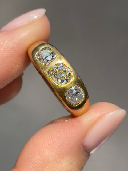 14K Gold 1.44 CTW Old Mine Cut Diamond Three Stone Gypsy Ring