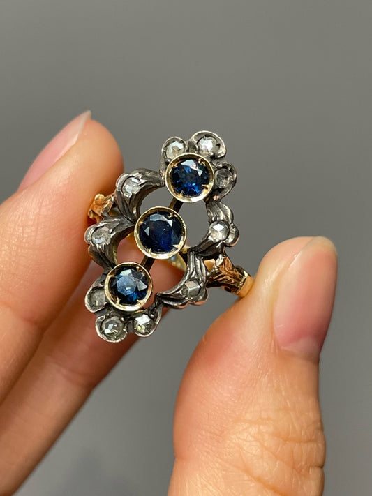 Antique Silver Topped 18K Yellow Gold Sapphire Diamond Ring