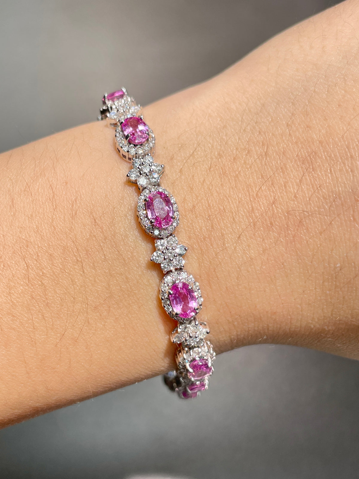 14K Gold Pink Sapphire Diamond Halo Tennis Bracelet