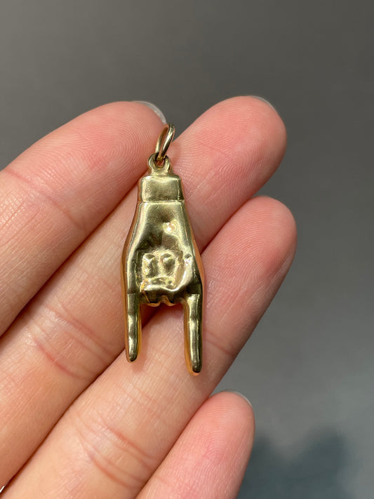 Vintage 14K Yellow Gold Rock and Roll Hand Charm Pendant