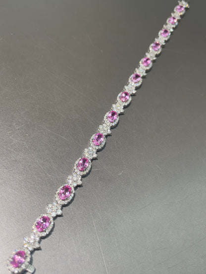 14K Gold Pink Sapphire Diamond Halo Tennis Bracelet