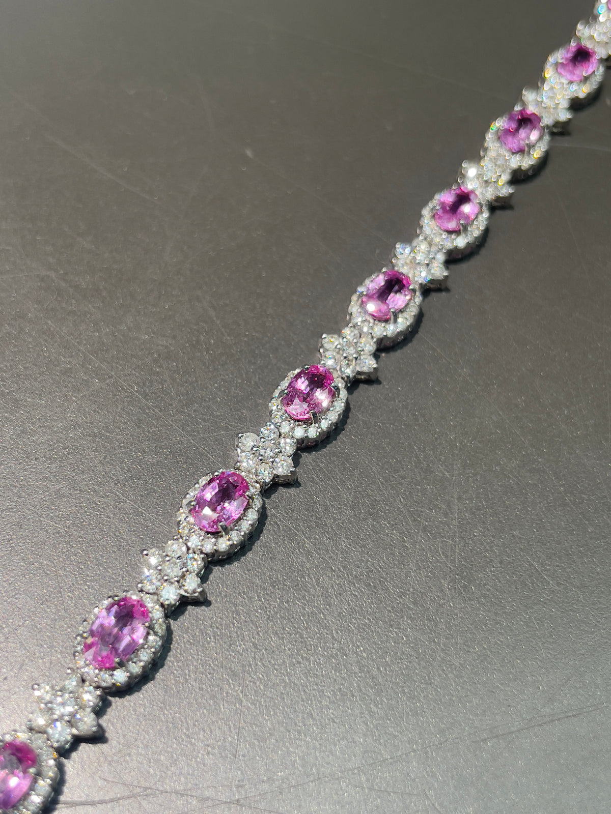 14K Gold Pink Sapphire Diamond Halo Tennis Bracelet