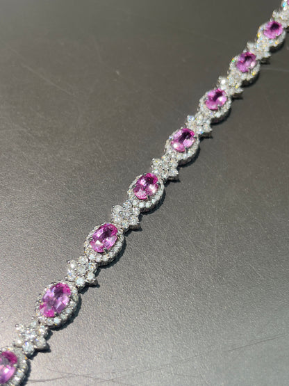 14K Gold Pink Sapphire Diamond Halo Tennis Bracelet