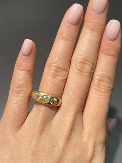 14K Gold 1.44 CTW Old Mine Cut Diamond Three Stone Gypsy Ring