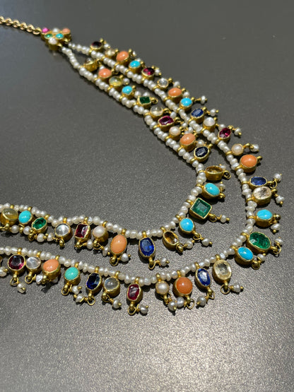 Vintage 22K Yellow Gold Muti-Gemstone Fringe Necklace