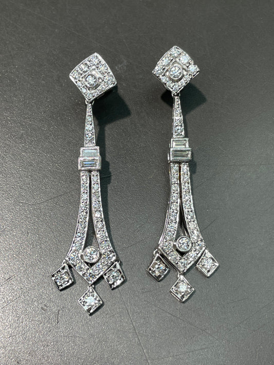 Vintage Art Deco Inspired 18K White Gold 1.78ctw Diamond Drop Earring