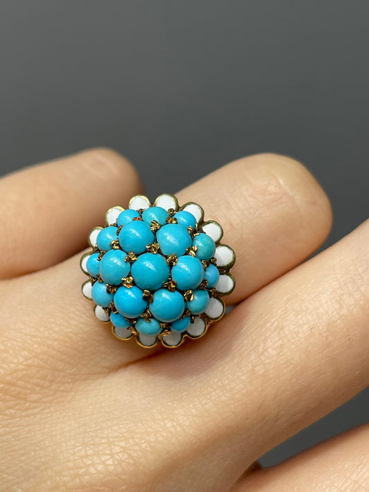 Vintage 18K Yellow Gold Sleeping Beauty Turquoise Enamel Cluster Dome Ring