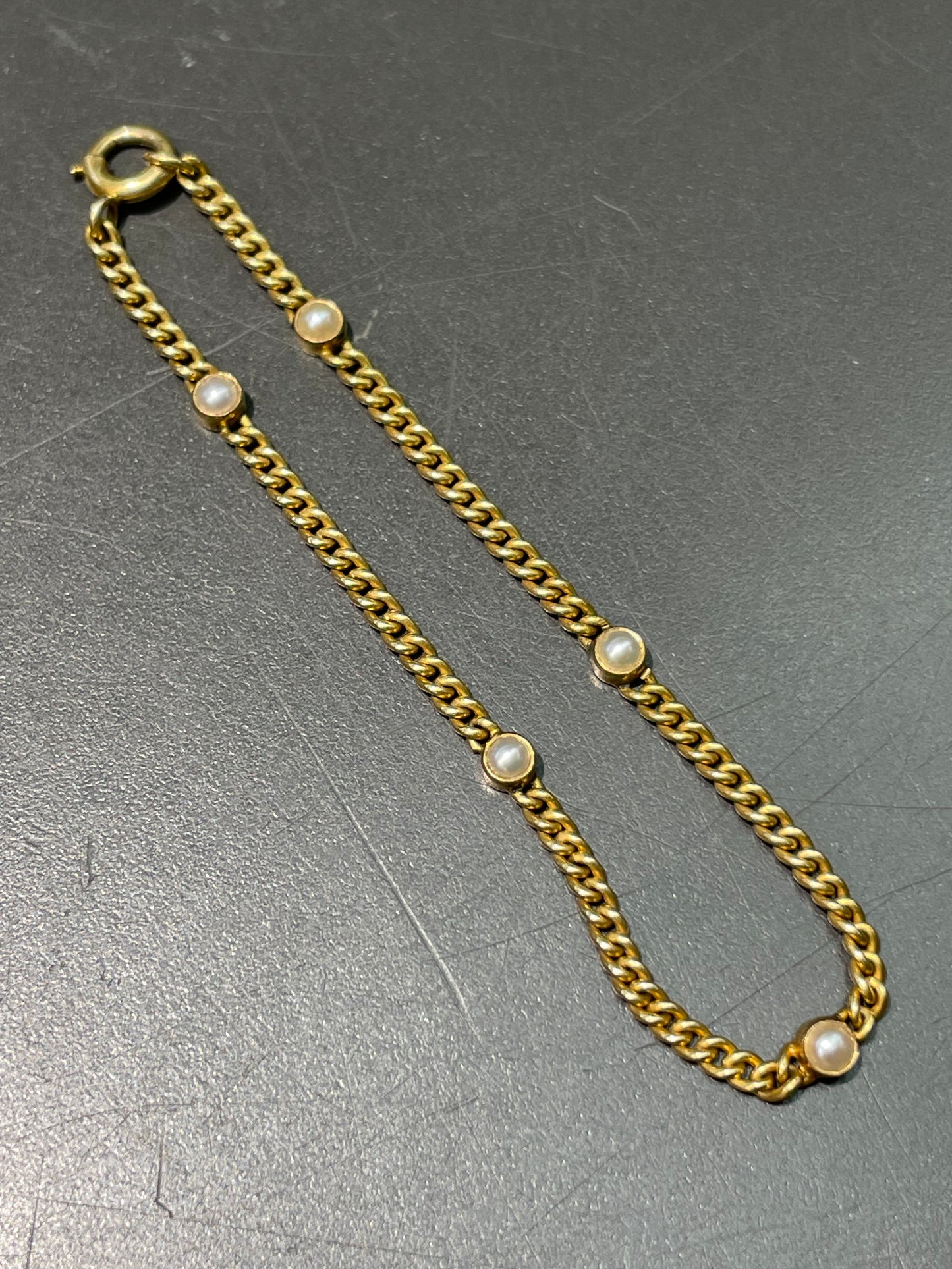 Vintage 14K Yellow Gold Pearl Station Curblink Bracelet