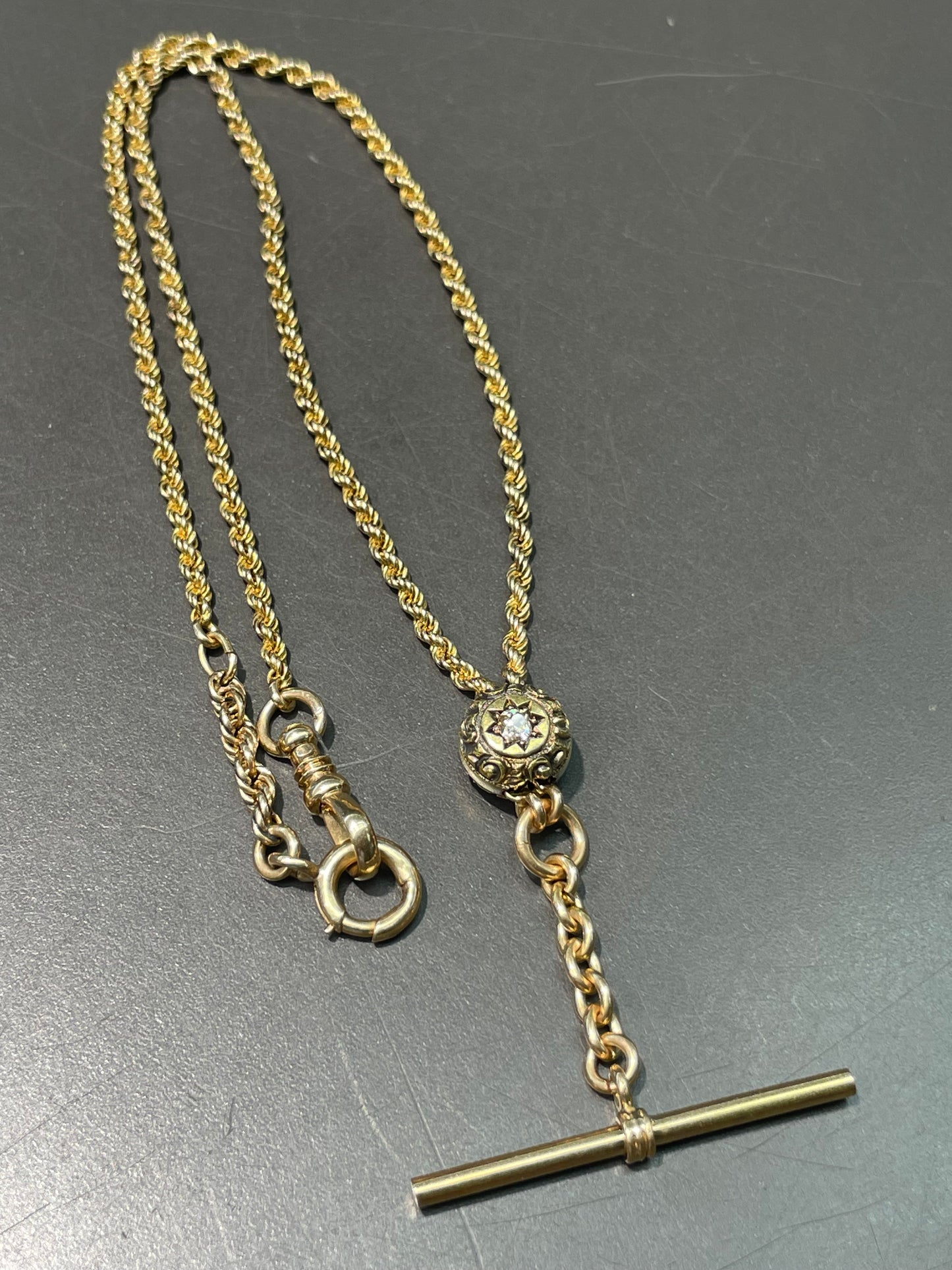 Antique 14K Yellow Gold 0.36 CTW Diamond Starburst Twisted Rope Albert Watch Chain Necklace