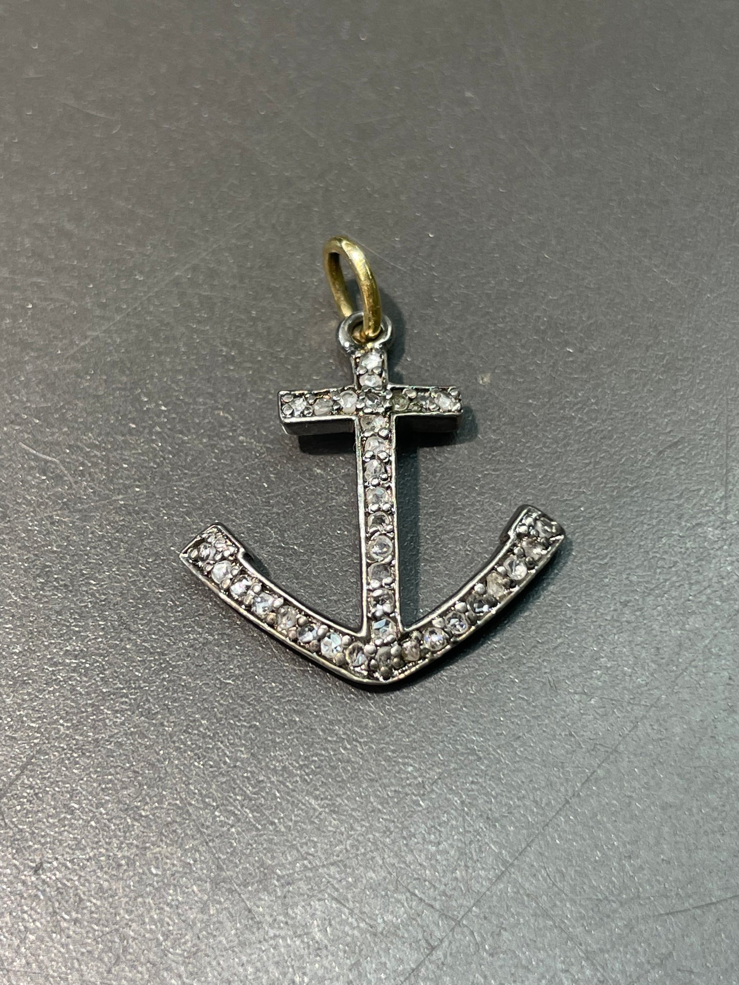 Vintage 18K Gold Silver Diamond Anchor Pendant Charm
