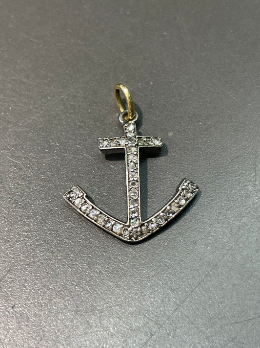 Vintage 18K Gold Silver Diamond Anchor Pendant Charm