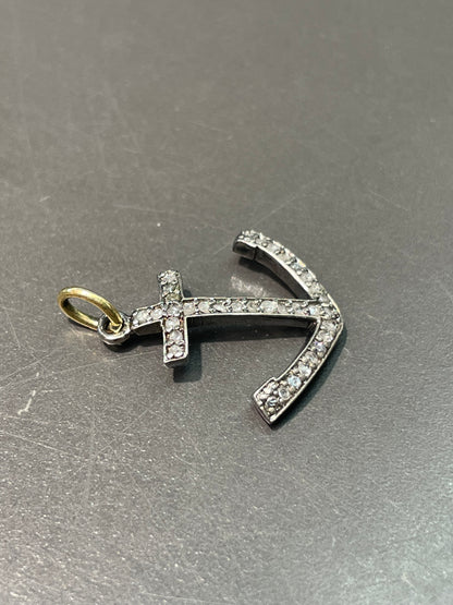 Vintage 18K Gold Silver Diamond Anchor Pendant Charm