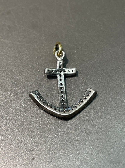 Vintage 18K Gold Silver Diamond Anchor Pendant Charm
