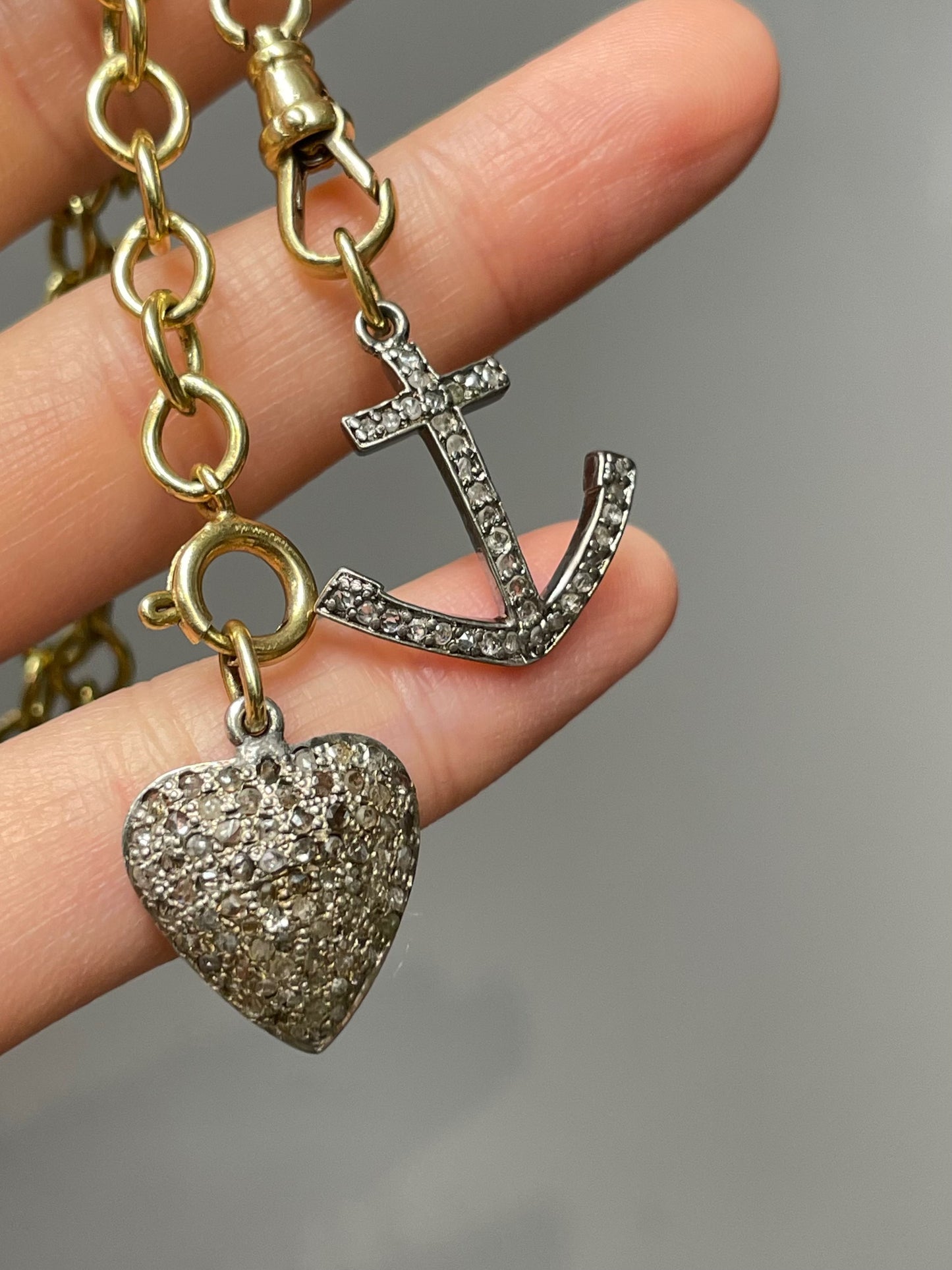 Vintage 18K Gold Silver Diamond Anchor Pendant Charm