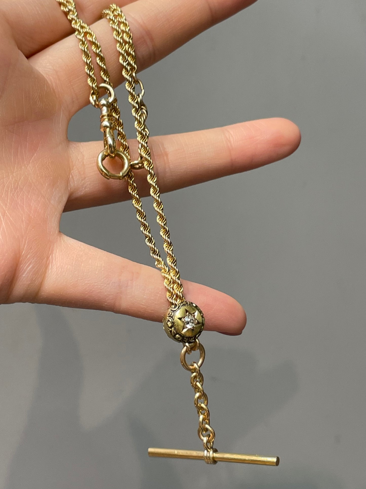 Antique 14K Yellow Gold 0.36 CTW Diamond Starburst Twisted Rope Albert Watch Chain Necklace