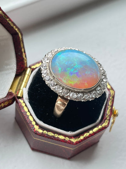 Antique 14K Yellow Gold 4.96 CTW Opal Diamond Halo Ring