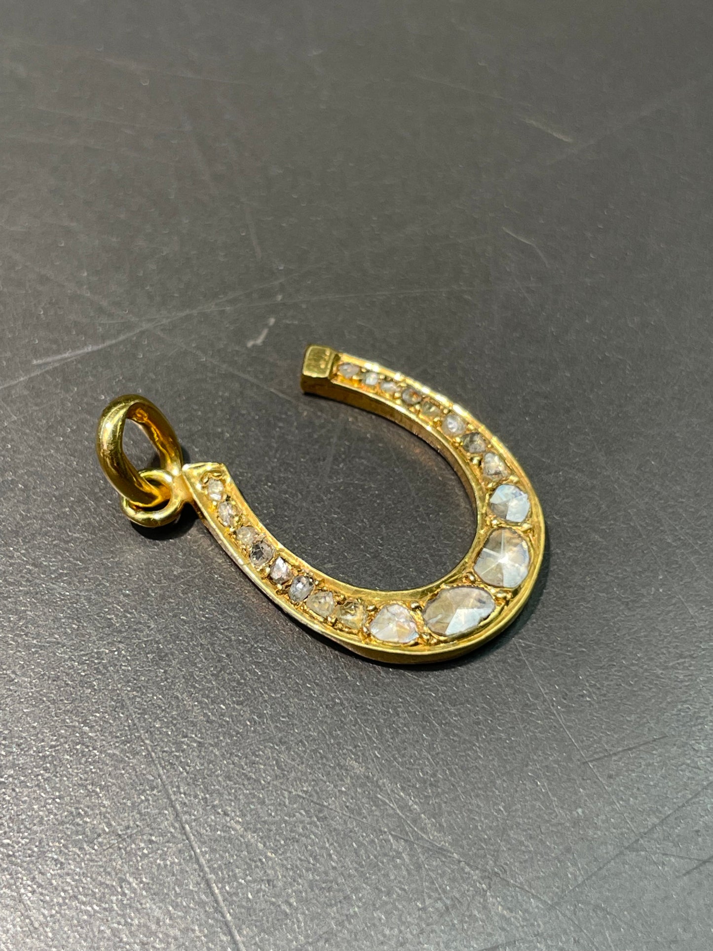 Antique 14K Yellow Gold Rose Cut Diamond Horse Shoe Pendant