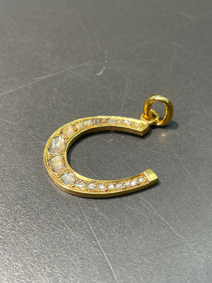 Antique 14K Yellow Gold Rose Cut Diamond Horse Shoe Pendant