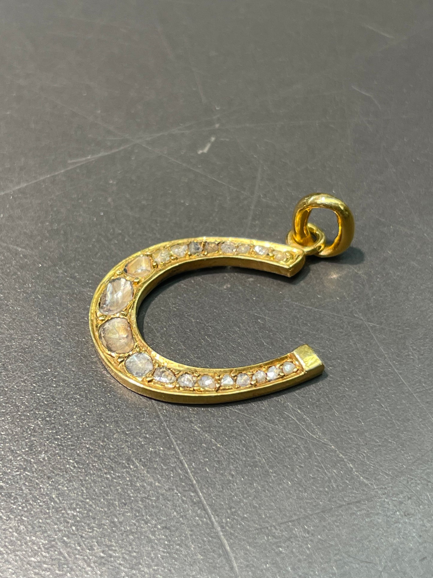 Antique 14K Yellow Gold Rose Cut Diamond Horse Shoe Pendant