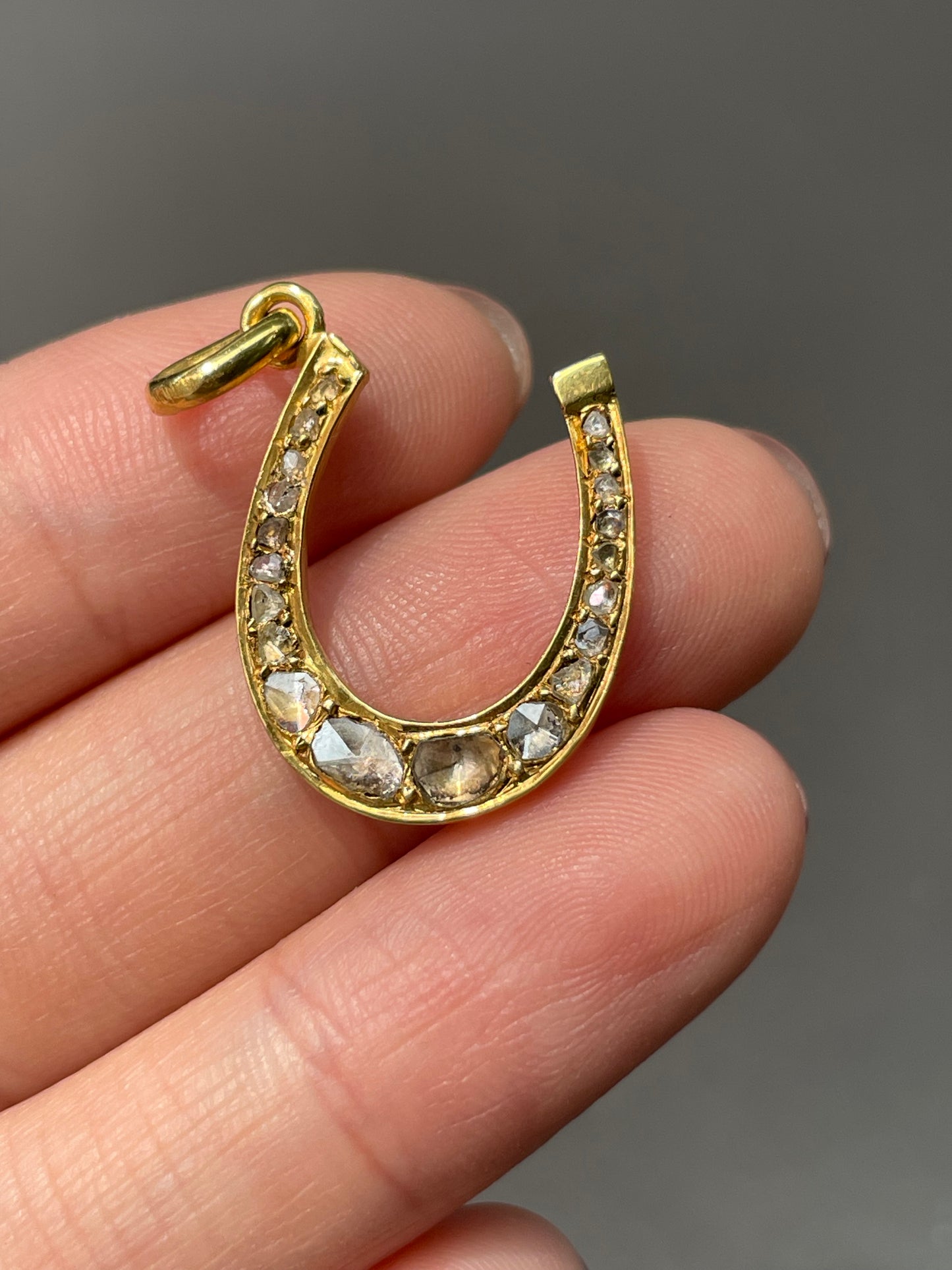 Antique 14K Yellow Gold Rose Cut Diamond Horse Shoe Pendant
