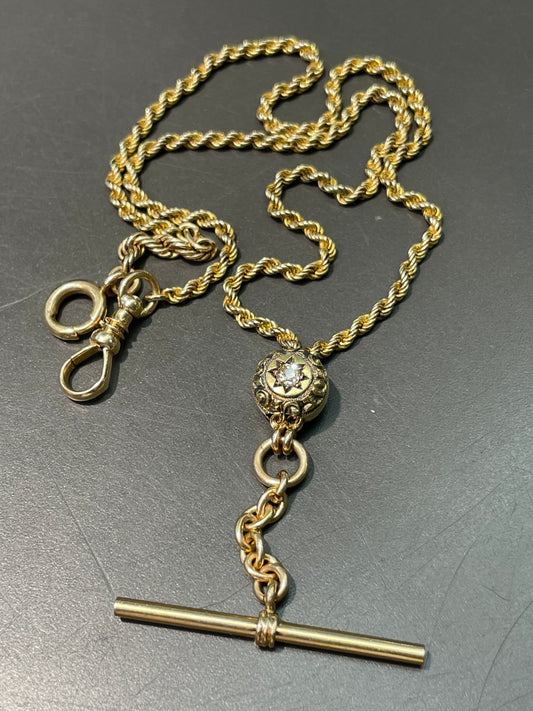 Antique 14K Yellow Gold 0.36 CTW Diamond Starburst Twisted Rope Albert Watch Chain Necklace