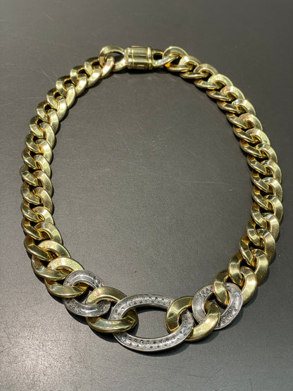 Vintage 14K Yellow Gold 3.6 CTW Diamond Pave Graduated Curb Link Chain Necklace 17.5 inch