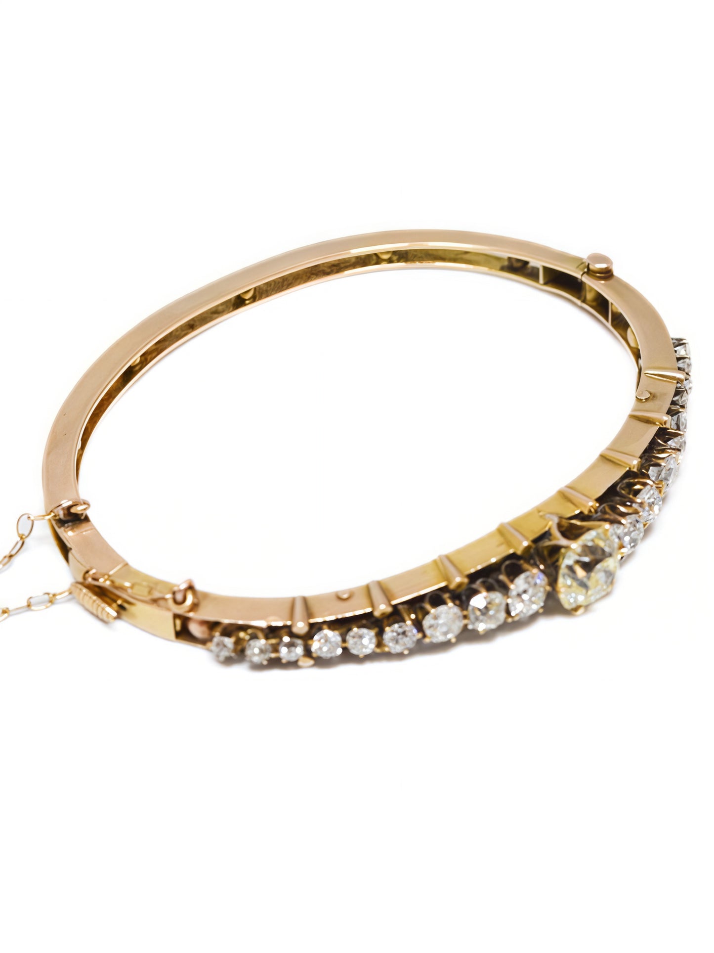 Antique 14K Yellow Gold 5.05 CTW Old Mine Cut Diamond Bangle Bracelet