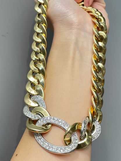 Vintage 14K Yellow Gold 3.6 CTW Diamond Pave Graduated Curb Link Chain Necklace 17.5 inch