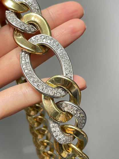 Vintage 14K Yellow Gold 3.6 CTW Diamond Pave Graduated Curb Link Chain Necklace 17.5 inch