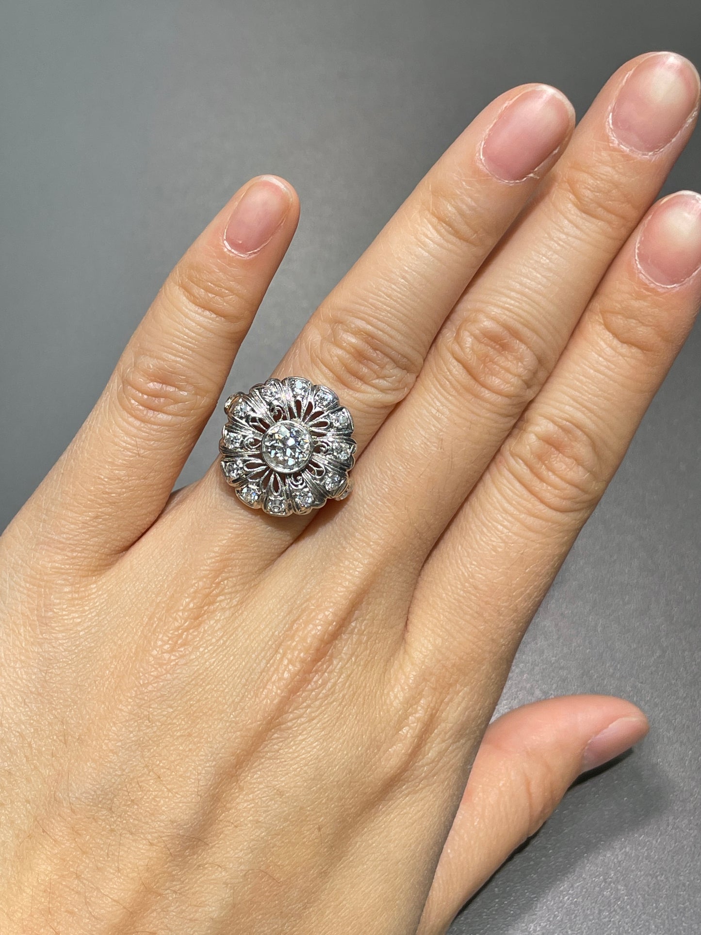 Antique Platinum 18K Gold 2.05 CTW Diamond Flower Cluster Ring