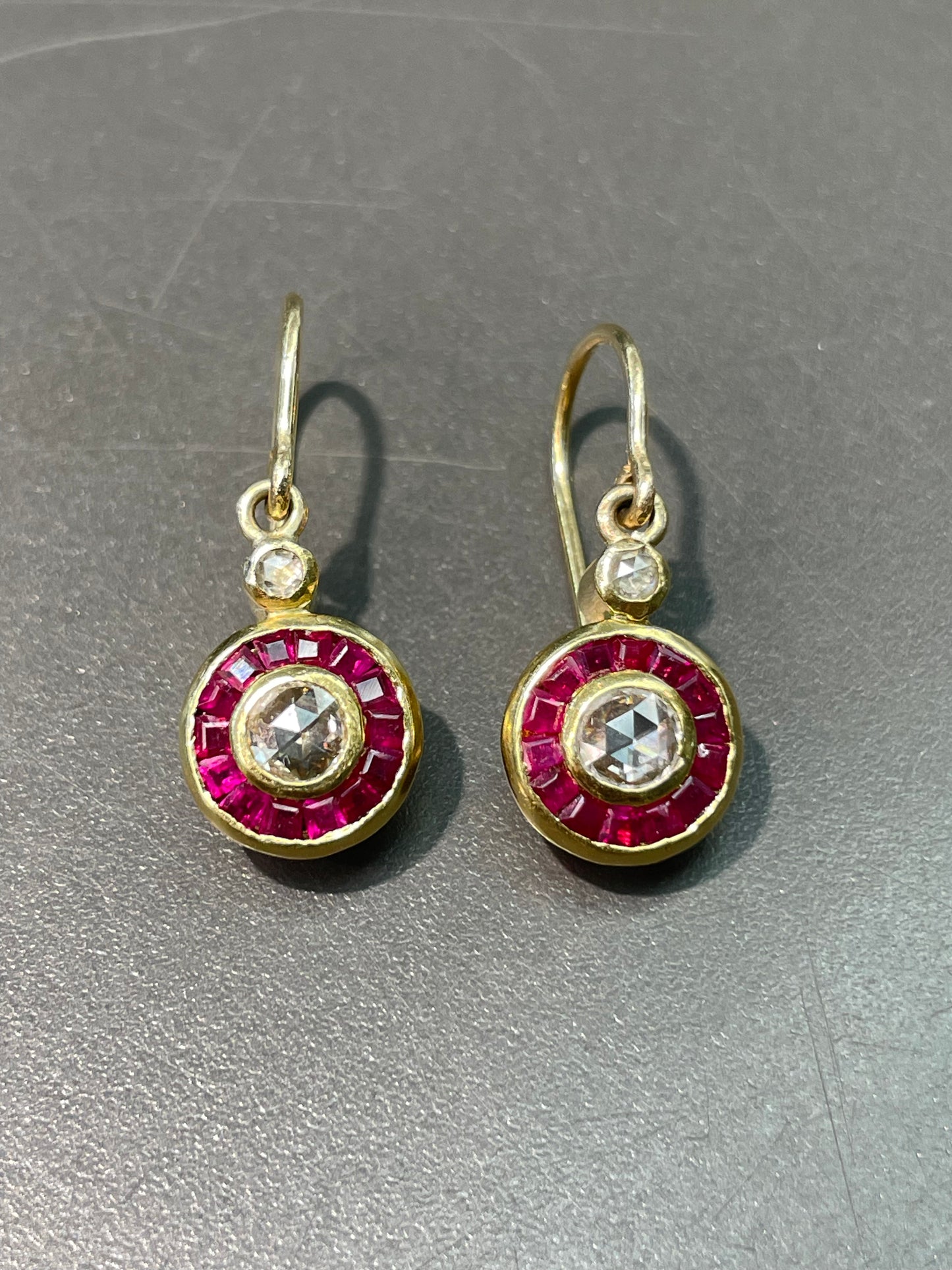 Antique 18K Yellow Gold Rose Cut Diamond Ruby Target Halo Earring