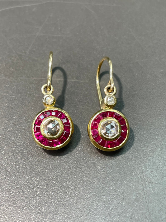 Antique 18K Yellow Gold Rose Cut Diamond Ruby Target Halo Earring