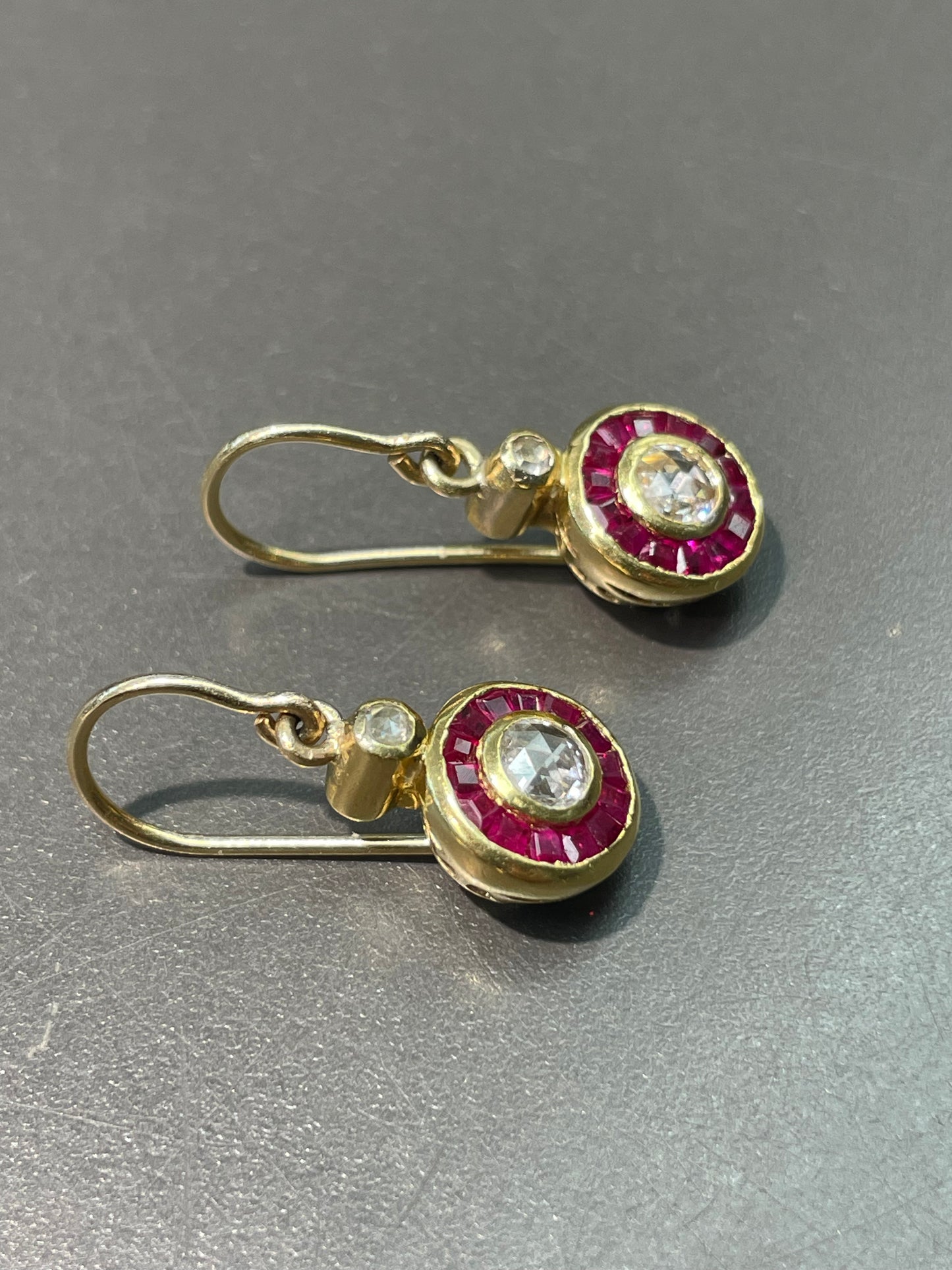 Antique 18K Yellow Gold Rose Cut Diamond Ruby Target Halo Earring