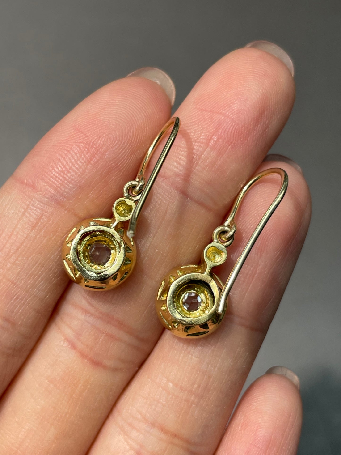 Antique 18K Yellow Gold Rose Cut Diamond Ruby Target Halo Earring
