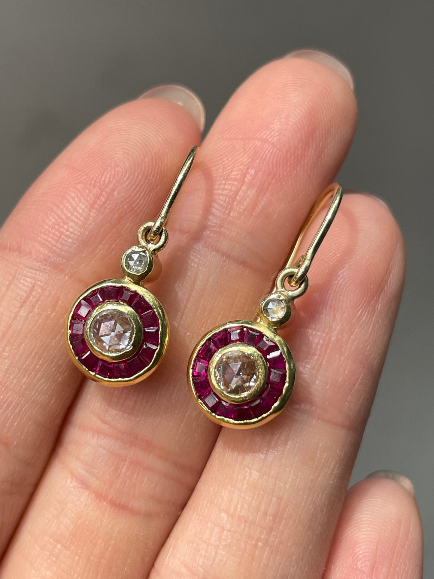 Antique 18K Yellow Gold Rose Cut Diamond Ruby Target Halo Earring