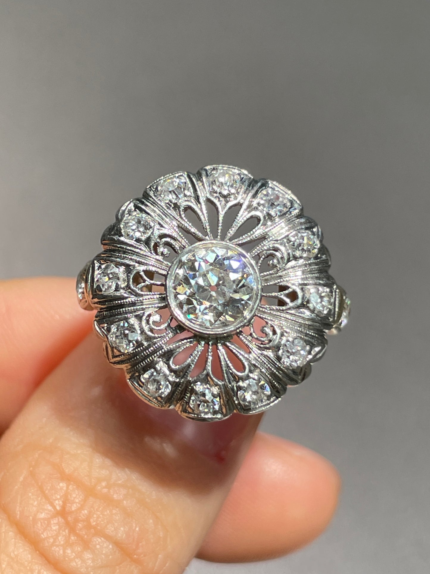 Antique Platinum 18K Gold 2.05 CTW Diamond Flower Cluster Ring