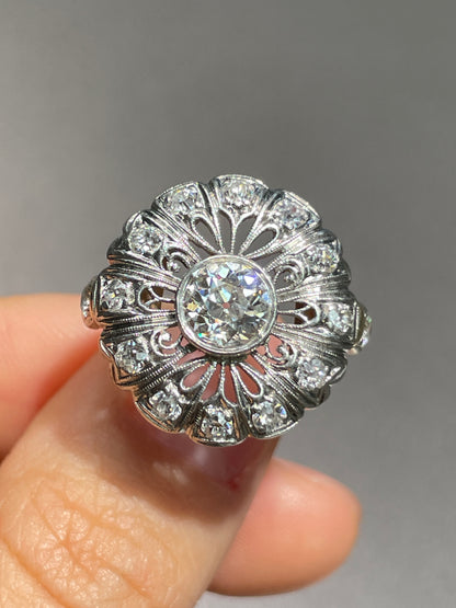 Antique Platinum 18K Gold 2.05 CTW Diamond Flower Cluster Ring