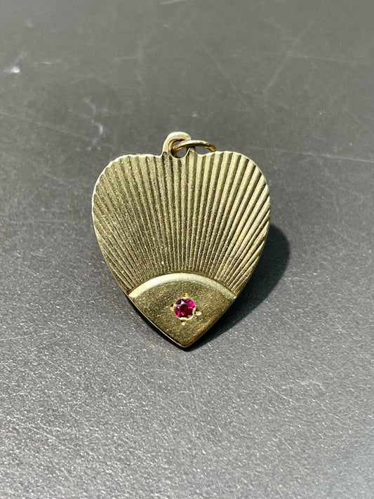 Vintage 14K Gold Ruby Engine Turned Heart Charm
