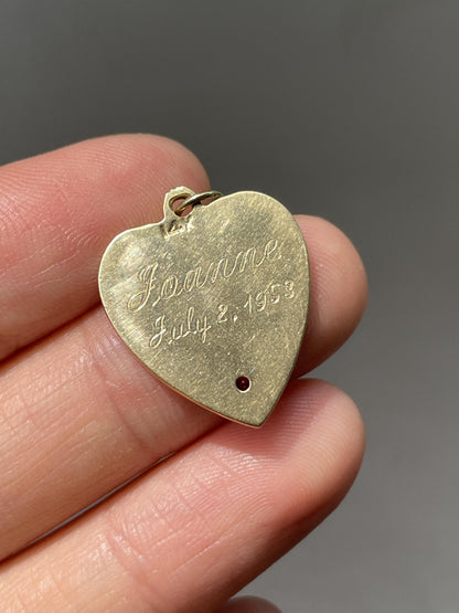 Vintage 14K Gold Ruby Engine Turned Heart Charm