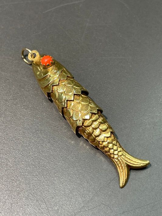 Vintage 18K Yellow Gold Large Coral Articulated Fish Pendant Charm