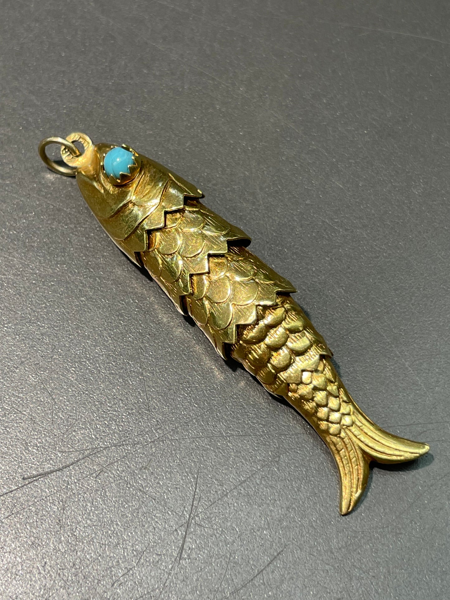 Vintage 18K Yellow Gold Large Turquoise Articulated Fish Pendant Charm