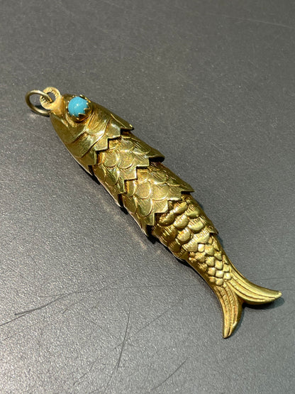 Vintage 18K Yellow Gold Large Turquoise Articulated Fish Pendant Charm