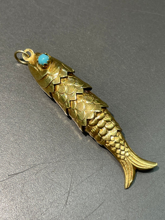 Vintage 18K Yellow Gold Large Turquoise Articulated Fish Pendant Charm