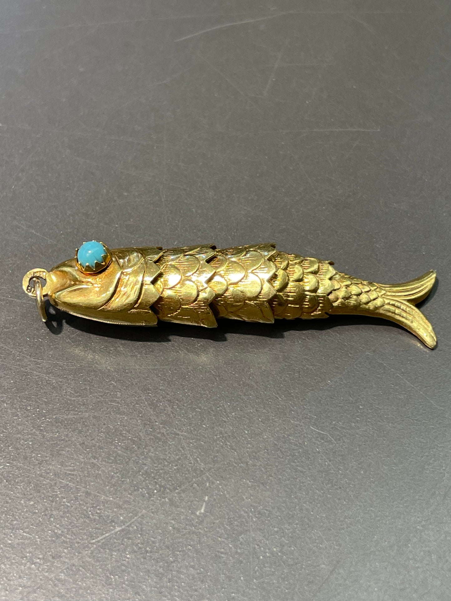 Vintage 18K Yellow Gold Large Turquoise Articulated Fish Pendant Charm